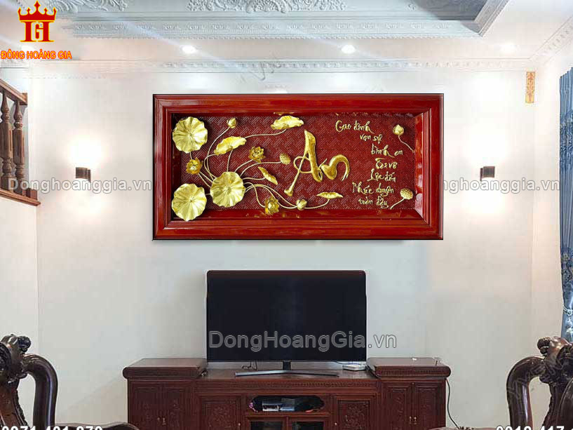 Tranh Chữ An Hoa Sen Bằng Đồng Mạ Vàng Treo Phòng Khách Ý Nghĩa