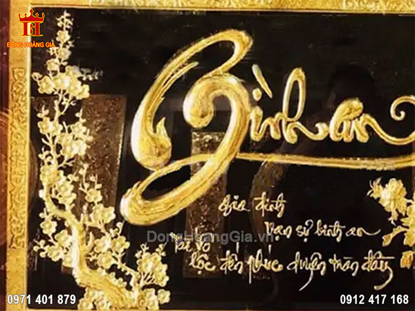 Tranh chữ Bình An bằng đồng mạ vàng 24K