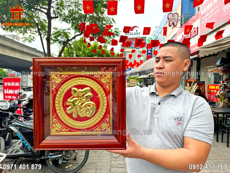 Tranh Chữ Phúc Thư Pháp Bằng Đồng Mạ Vàng 24K 40x40Cm