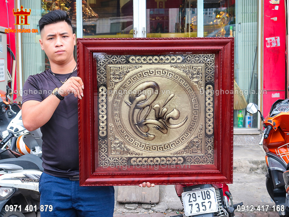 Tranh Chữ Phúc Thư Pháp Bằng Đồng Hun Giả Cổ 60x60Cm