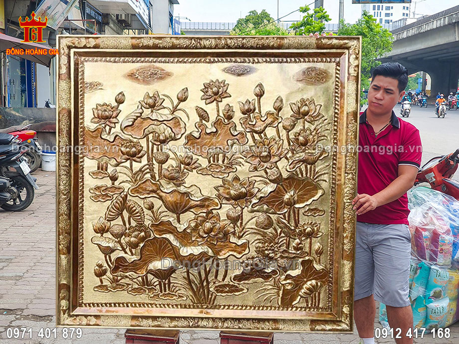 Tranh Phù Điêu Hoa Sen Bằng Đồng 1M7 Chế Tác Thủ Công
