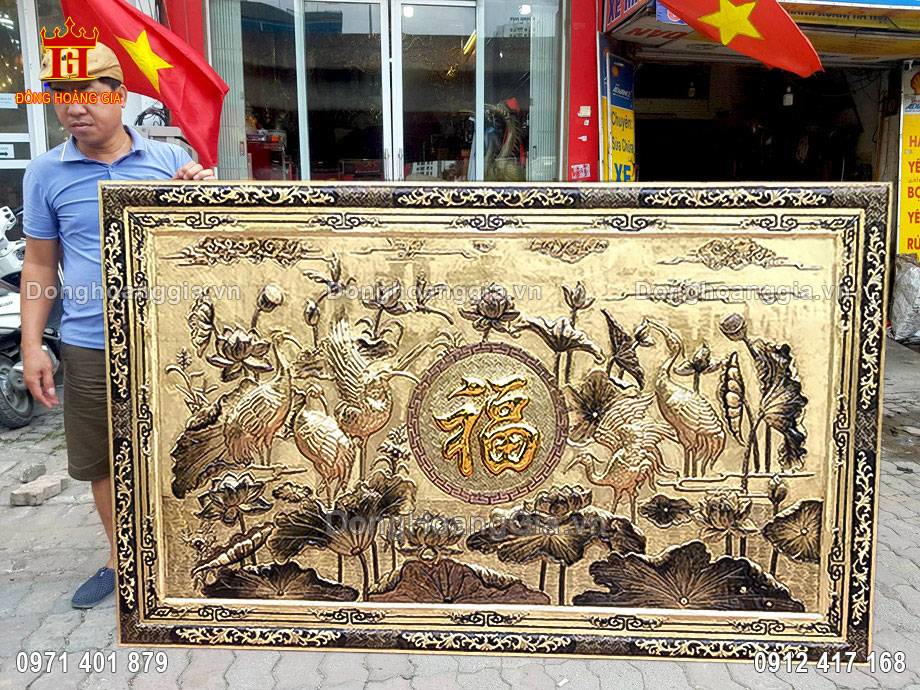 Tranh Sen Hạc Chữ Phúc Bằng Đồng Hun Giả Cổ 2M3