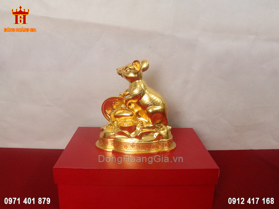 Tượng đồng Chuột phong thủy ôm tiền dát vàng 24K