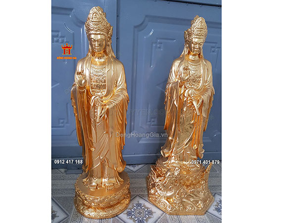 Tượng đồng Phật Bà Quan Âm dáng đứng dát vàng 9999