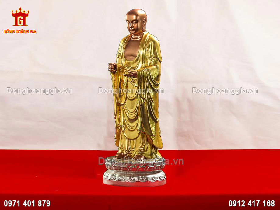 Tượng Đồng Tôn Giả Mục Kiền Liên Đứng Đài Sen Mạ Vàng 24K