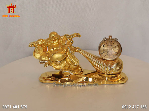 Tượng Phật Di Lặc kéo bao tiền gắn đồng hồ dát vàng 24K