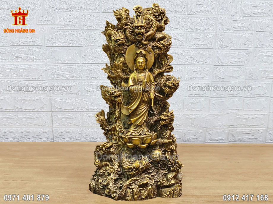 Tượng Quan Âm Tọa Cửu Long Bằng Đồng Vàng Tuyệt Đẹp